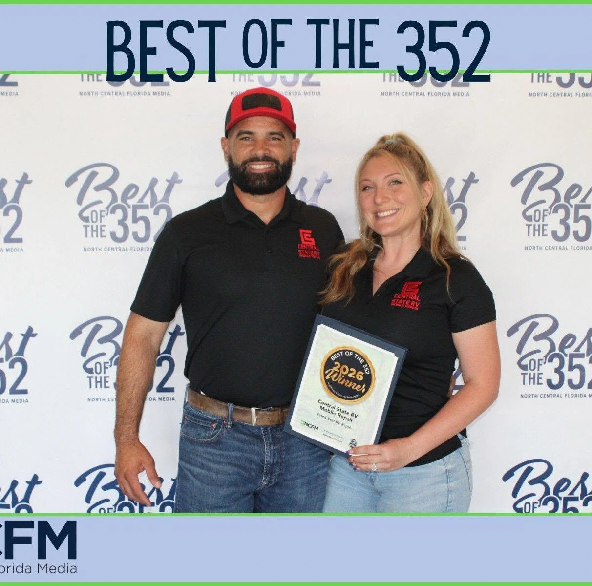 Landy and Amber Santana holding the Best of the 352 2026 Winner certificate for Best RV Repair